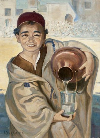 José CRUZ-HERRERA (1890-1972) Le petit porteur d'eau Huile sur toile, signée en bas...