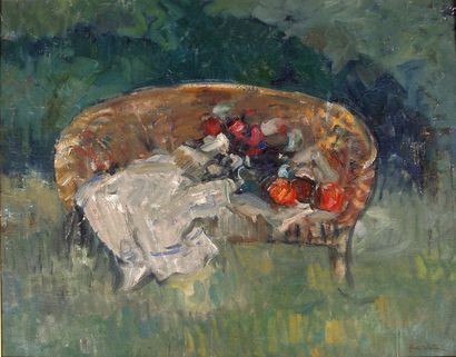 BERTRAM Abel Fleurs sur canapé Huile sur toile SBD, 73 x 92 cm