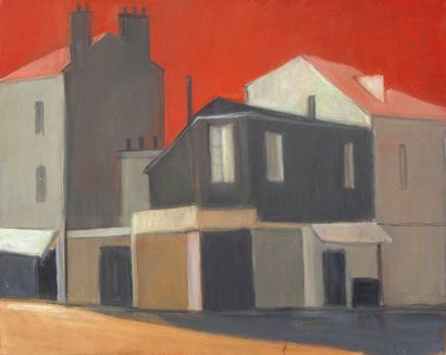 GRATIOULET Renée Coin de rue au ciel rouge Huile sur toile 60 x 73 cm