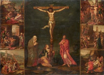 Ecole FLAMANDE vers 1600, entourage d'Otto VENIUS La Crucifixion entouré des scènes...