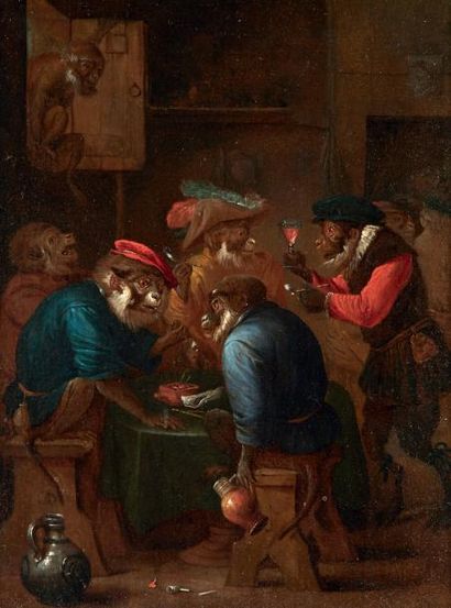 ATTRIBUÉ À ABRAHAM TENIERS (1629-1670) Les singes fumeurs Panneau de chêne, une planche,...