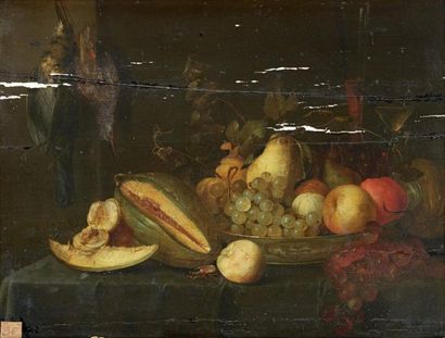 Jacob Fopsen VAN ES (vers 1617-après 1666) Nature morte au melon d'eau et coupe de...