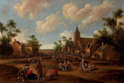 Cornelisz DROCHSLOOT (1630-1673) Entrée de village animé Panneau de chêne, une planche,...