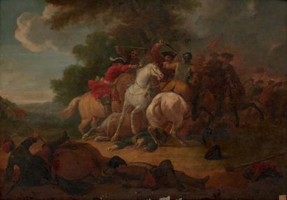 Attribué à Peeter VERDUSSEN (1662- après 1710) Choc de cavalerie Toile transposée...