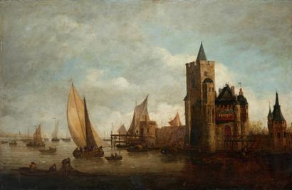 Attribué à Jan COELEMBIER (1600-1677) Voiliers et embarcations près d'une ville fortifiée...