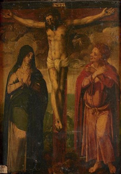 École ESPAGNOLE vers 1600 Christ en croix avec la Vierge et saint Jean Baptiste Panneau...