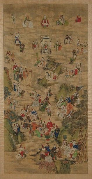 CHINE Belle peinture sur soie représentant des personnages du panthéon bouddhique...