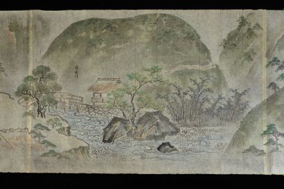 CHINE Importante carte peinte sur papier avec décor montagneux, temples et maisons...