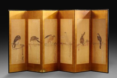JAPON Paravent à 6 panneaux. Ces 6 peintures très réalistes montrent des faucons...