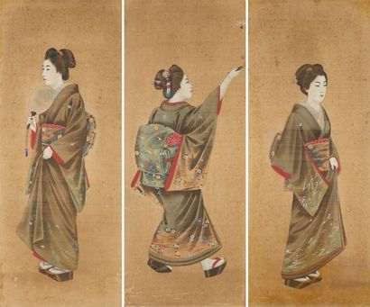 JAPON Suite de trois peintures sur soie représentant des geishas. Fin du 19 ème siècle...