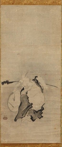 JAPON kakemono représentant un dieu Encre sur papier montée sur soie, signature apocryphe...