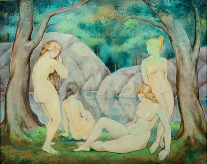 RENE MENDES FRANCE (1888-1985) Huile sur toile figurant des femmes nues au bain....