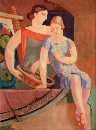 Gustave FLOROT (1885-1965) «Pénélope» Huile sur toile figurant deux femmes au panier...