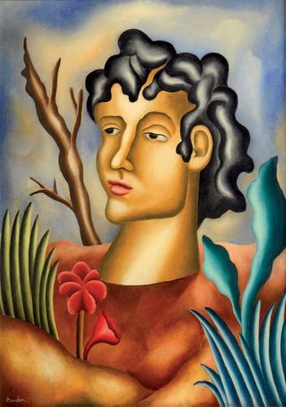 Manuel RENDON (1894-1982) Huile sur toile figurant un buste d'homme dans un paysage...