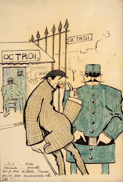 PAUL IRIBE (1883-1935) «Octroi» Lithographie rehaussée en couleur sur papier figurant...