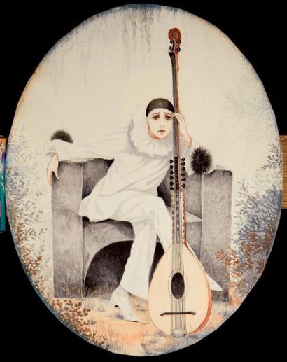 ARMAND H MULLER (XXème) «Pierrot à la mandoline» Technique mixte sur papier. Signée...