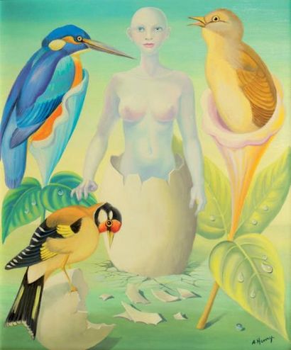 A.HENRY (XXème) «Comment naissent les oiseaux» Huile sur toile. Signée en bas à droite...