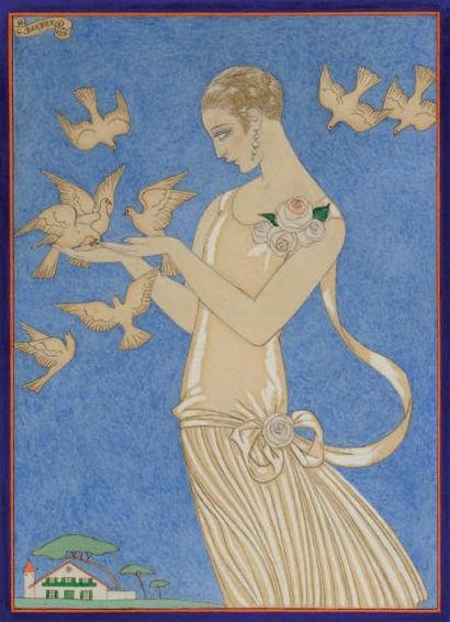 Georges BARBIER (1882-1932) «Elégante aux oiseaux» Dessin rehaussé d'aquarelle couleur....