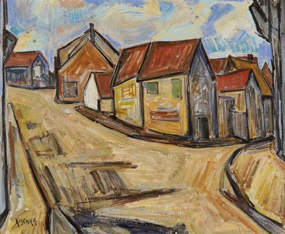 Isis KISCHKA (1908- 1973) Les maisons Huile sur toile, signée en bas à gauche et...