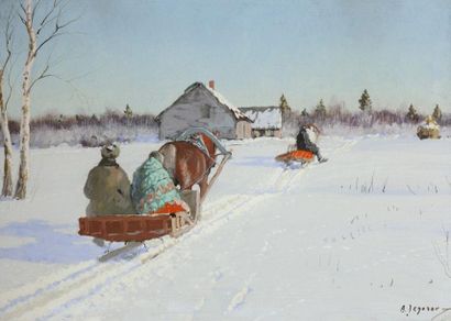 Andrei Afana's Evich EGOROV (1878-1954) Traîneau dans la neige Huile sur carton,...