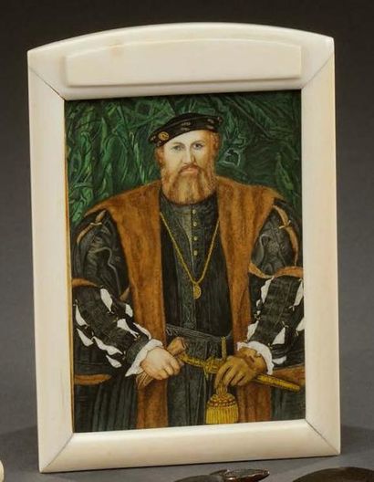 Dans le goût d'Holbein (1497-1543) Portrait d'un dignitaire Peinture sur ivoire Travail...