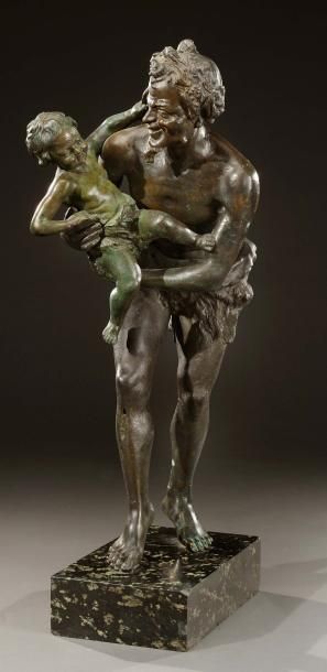 Karl THYLMANN (1888-1916) D'après Faune et enfant Sujet en bronze à patine brune...