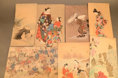 JAPON Ensemble d'estampes couleurs réhaussées à la main. -Quatre scènes de Samourai,...
