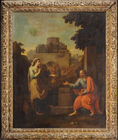 ECOLE FRANCAISE Le Christ et la Samaritaine Huile sur toile 83,5 x 66,5 cm (rentoilée,...