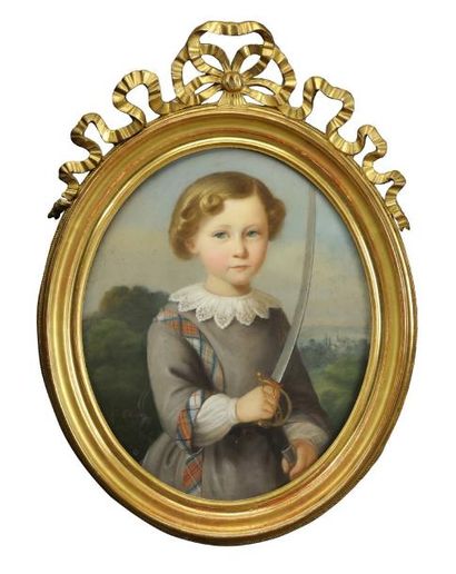 ECOLE FRANCAISE DU XIXème siècle Portrait de jeune garçon au sabre Pastel, signé...