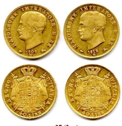 null Lot de deux pièces 40 Lire or Napoléon Ier roi d'Italie: 1809 et 1812 Milan...