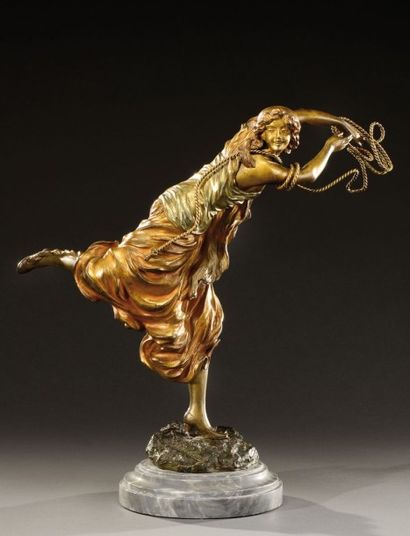 Claire Jeanne COLINET (1880-1950) «La lanceuse de lasso» Sculpture en bronze dorée...