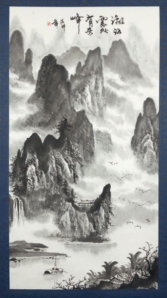 CHINE Encre sur papier sur rouleau représentant une embarcation devant un paysage...