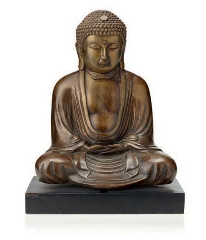 JAPON Statue d'Amida en métal, assis. Haut. avec socle: 30 cm