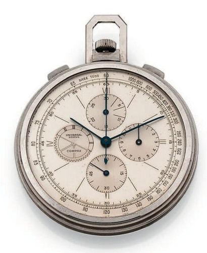 UNIVERSAL GENEVE Compax. Vers 1940 Beau chronographe de poche en acier. Cadran argenté,...
