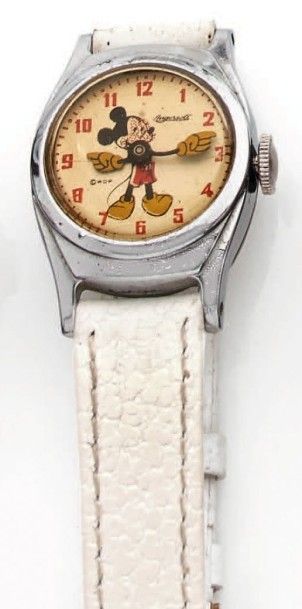 INGERSOLL Mickey Mousse. Vers 1940 Rare montre en métal chromé ronde. Cadran argenté,...