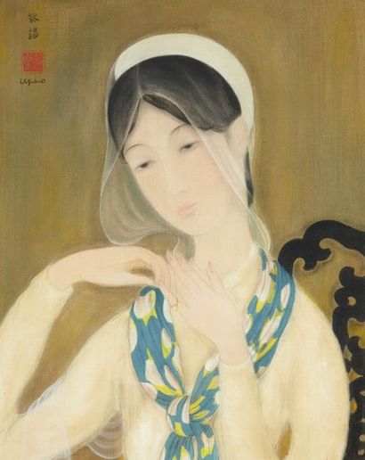 Le Pho (1907-2001) Jeune fille au voile clair 
Encre et couleurs sur soie, signée...