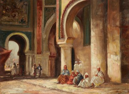 Narcisse BERCHERE (1819-1891) Personnages assis dans la Mosqué Ibn Tulun, au fond...