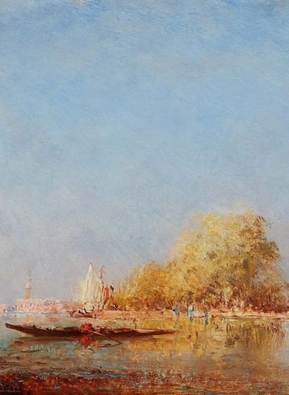 Félix ZIEM (1821-1911) Gondole devant les jardins Français, Venise Huile sur panneau,...