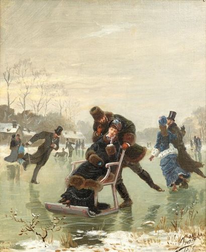 Léon Joseph VOIRIN (1833-1887) Patinage Huile sur toile, signée en bas à droite 46...