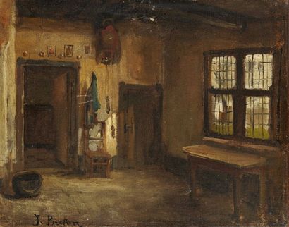 Jules BRETON (1827-1906) Intérieur de maison de village en Flandres, vers 1845-1850...