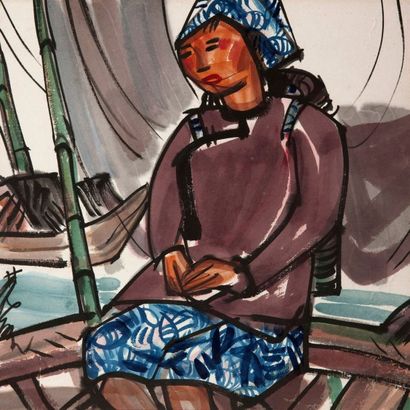 LIN FENGMIAN (1900-1991) Jeune femme à la pêche Encre et couleur sur papier marouflé...