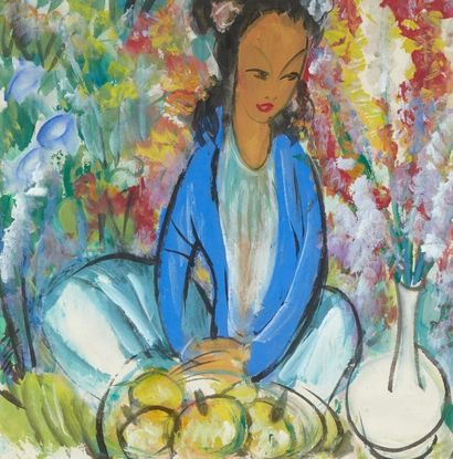 Attribué à Lin FENGMIAN (1900-1991) Jeune femme dans un paysage fleuri Encre et couleur...
