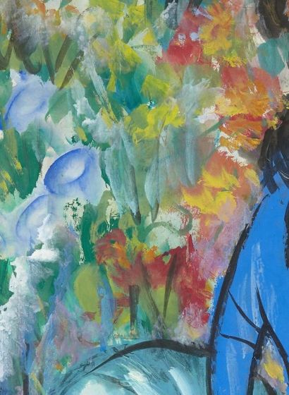 Attribué à Lin FENGMIAN (1900-1991) Jeune femme dans un paysage fleuri Encre et couleur...