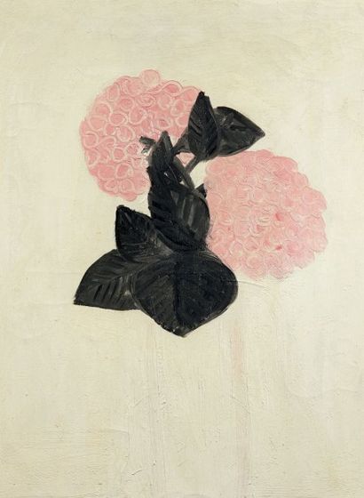 SANYU (1901-1966) Deux gros hortensias roses, dans un vase blanc, février 1931.
Huile...