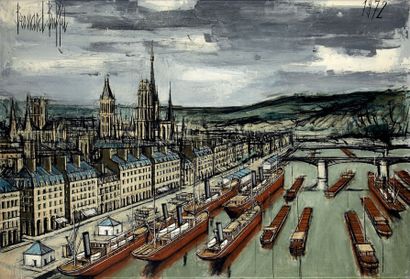 Bernard BUFFET (1928-1999) Rouen. Bateaux de commerce et péniches, 1972. 
Huile sur...