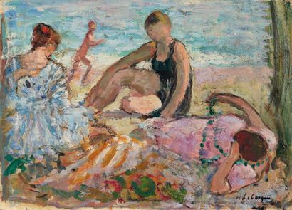 Henri LEBASQUE (1865-1937) Femmes se reposant sur la plage, circa 1918 Huile sur...