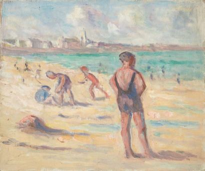 **Maximilien LUCE (1858-1941) Sur la plage de Paramé Huile sur contreplaqué, située...