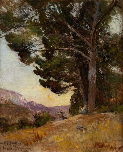 André PAULIN BERTRAND (1852-1940) L'heure du Berger, paysage provençal animé Huile...