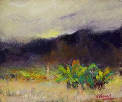 JEAN VOLANG (1921-2005) Les bananiers. Paysage des Iles de la Réunion Huile sur toile,...