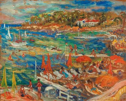 Berthe SOURDILLON (1895-1976) Au bord de la mer Huile sur carton, signée en bas à...